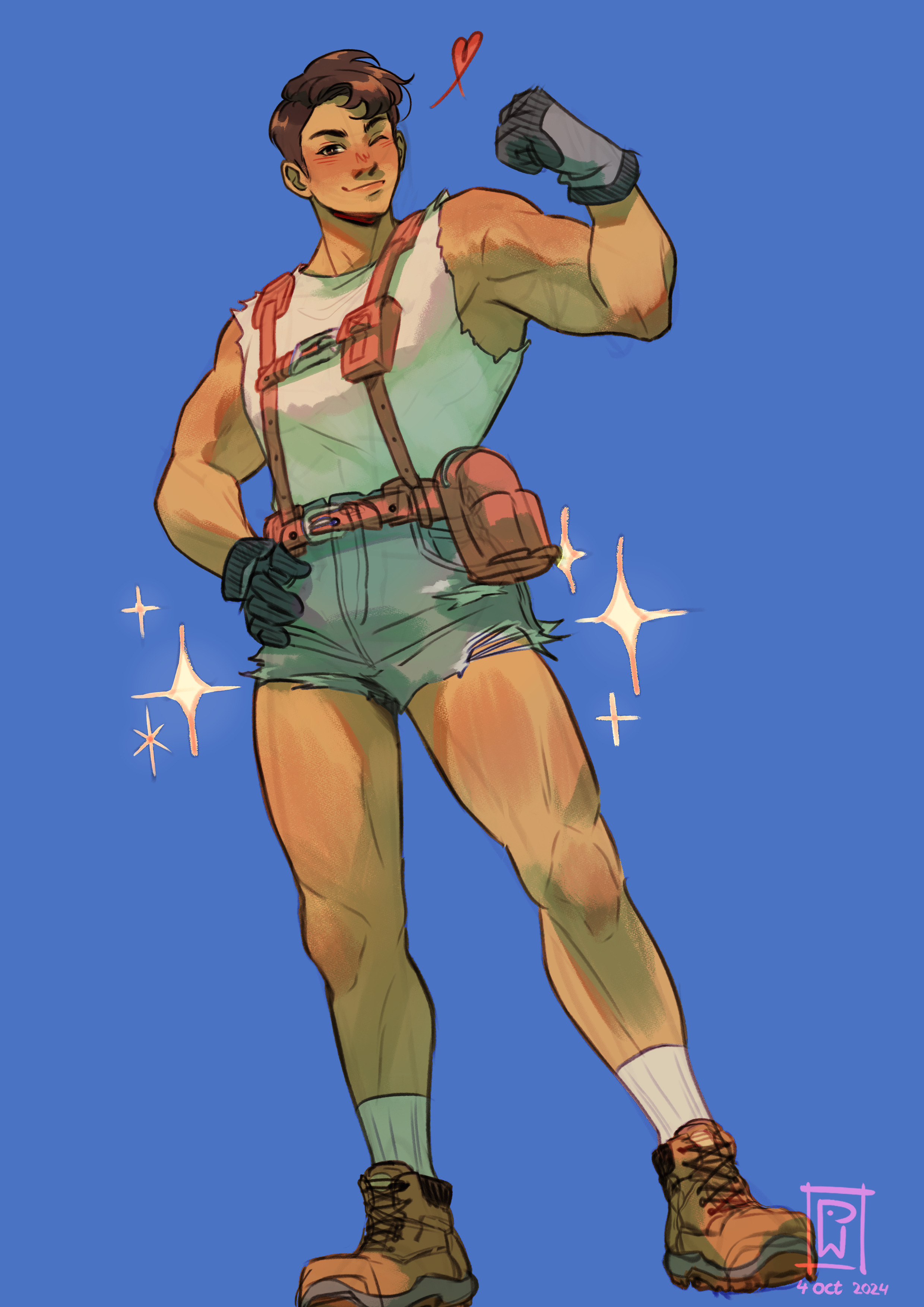 jacket mine, olric (fields of mistria), fields of mistria, absurdres, highres, 1boy, black hair, blacksmith, blue background, flexing, full body, gloves, grey gloves, heart, looking at viewer, one eye closed, shirt, short hair, short shorts, shorts, sleeveless, sleeveless shirt, solo, sparkle