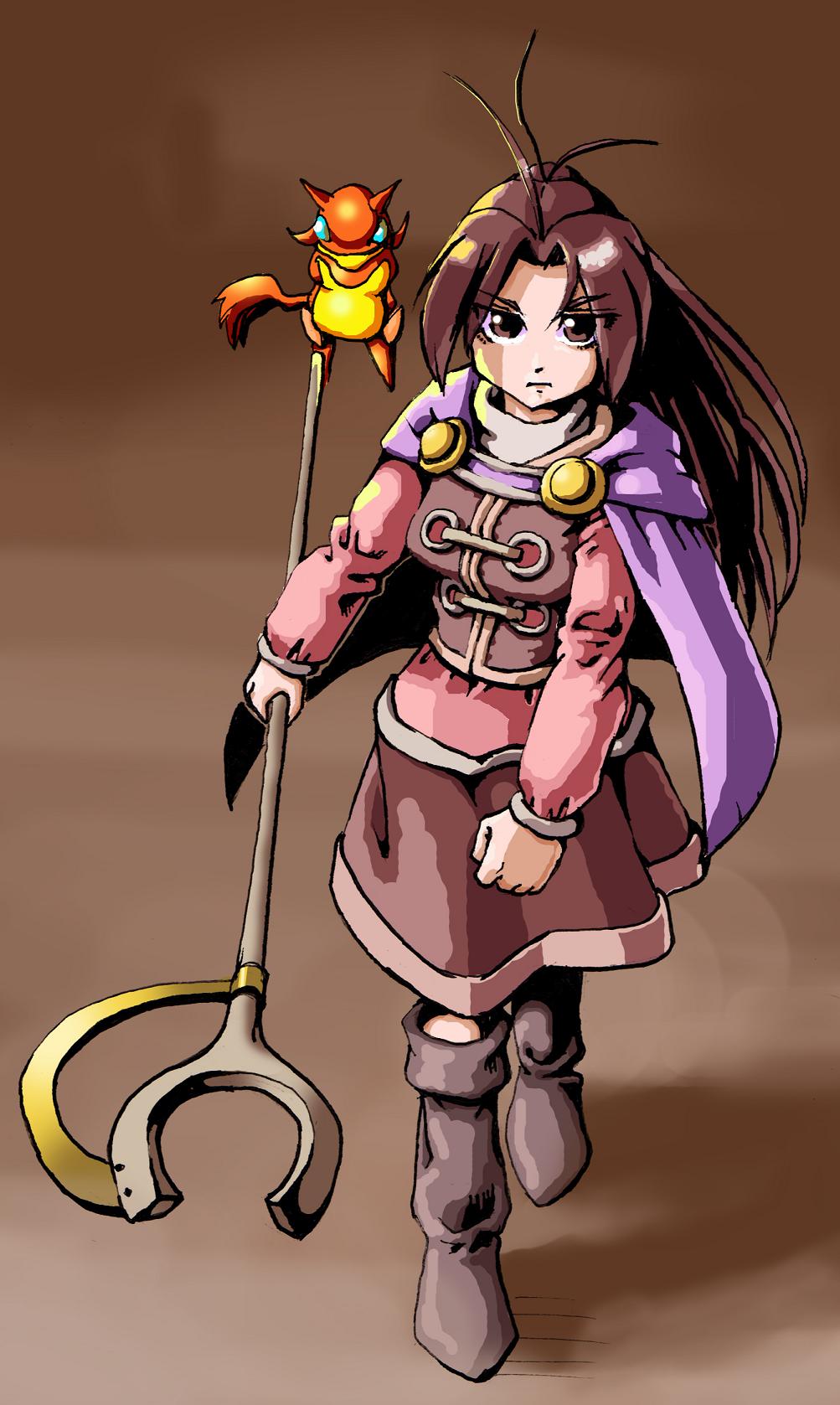 camelot, nara hashi chuukai, narahashi (matsuri), jenna (golden sun), golden sun, highres, 1girl, boots, brown boots, cape, djinn (golden sun), female focus, full body, genie, long hair, monster, skirt, solo, staff, very long hair