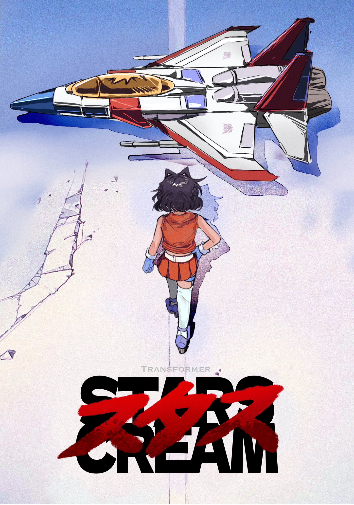 starscream, starscream (kotobukiya bishoujo), akira (manga), kotobukiya bishoujo, transformers, transformers: generation 1, commentary, highres, symbol-only commentary, 1girl, aircraft, airplane, akira movie poster, black hair, blue gloves, character name, dark-skinned female, dark skin, fighter jet, gloves, hand on own hip, military vehicle, pipiyjy, purple shoes, shadow, shoes, short hair, solo, thighhighs, walking, white thighhighs