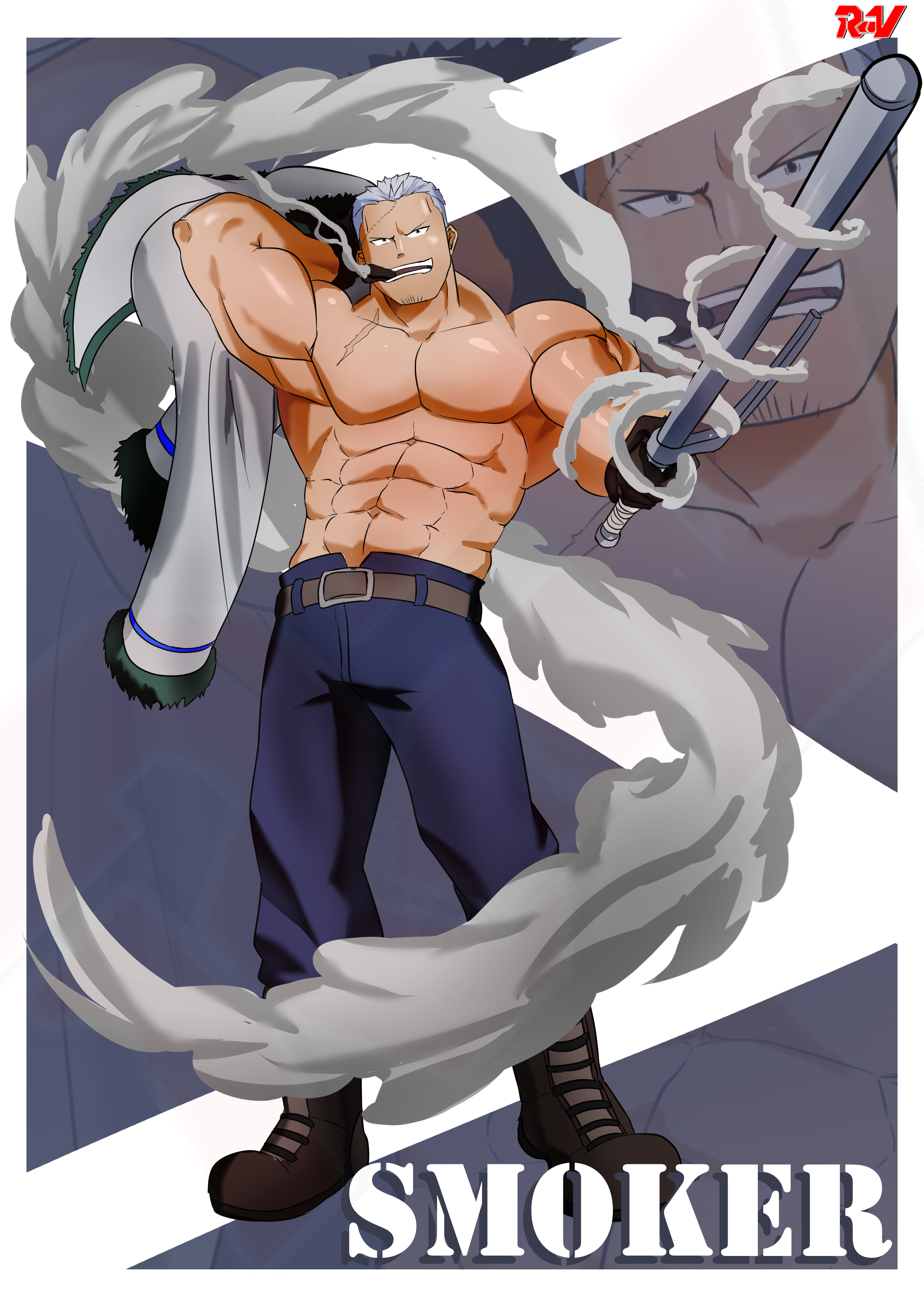 ruvkun, smoker (one piece), one piece, absurdres, highres, 1boy, abs, bara, belt, black gloves, blue pants, boots, brown belt, brown boots, character name, cigar, coat, facial hair, fur-trimmed coat, fur trim, gloves, goatee, goatee stubble, holding, holding coat, holding unworn clothes, holding weapon, large pectorals, male focus, mature male, muscular, muscular male, pants, pectorals, scar, scar on chest, scar on face, short hair, sideburns, smile, smoke, smoking, solo, stitches, stubble, unworn coat, weapon, white coat, white hair