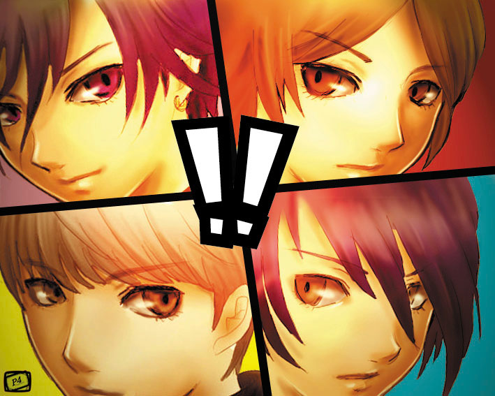 rasneko, narukami yu, suou tatsuya, toudou naoya, yuuki makoto (persona 3), atlus, persona, persona 1, persona 2, persona 2 tsumi, persona 3, persona 4, bad id, bad pixiv id, !, !!, 4boys, all-out attack, crossover, cut-in, male focus, multiple boys