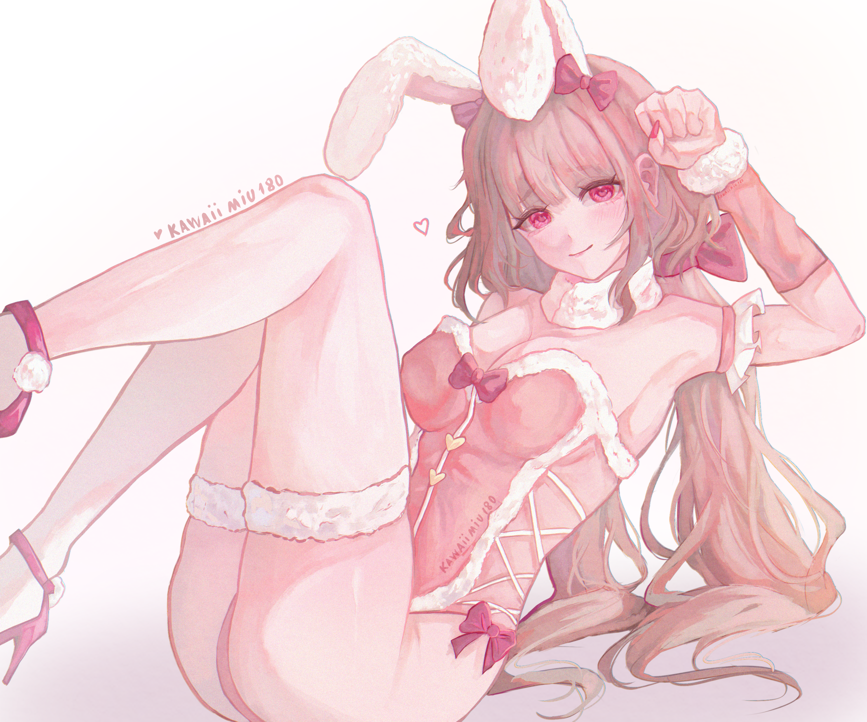 absurdres, highres, non-web source, self-upload, 1girl, animal ears, ass, blush, bow, breasts, brown hair, elbow gloves, fluffy, gloves, gluteal fold, large breasts, mature female, medium breasts, on floor, pink eyes, playboy bunny, rabbit pose, thighhighs
