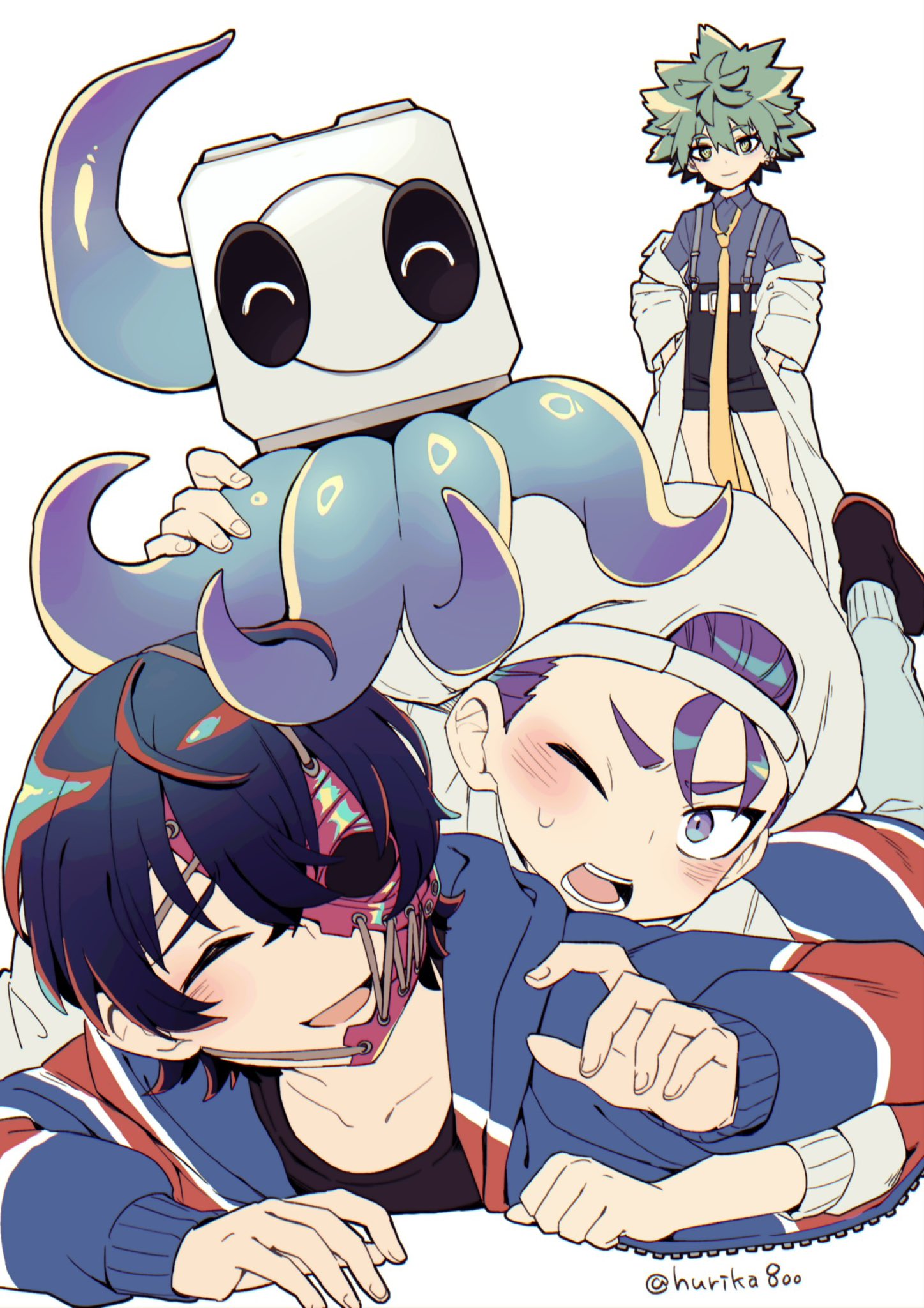 commentary, highres, 1girl, 2boys, ^ ^, arale (shuten order), black hair, black shirt, black shorts, blue shirt, closed eyes, coat, collarbone, green hair, hair between eyes, hair slicked back, half mask, hands in pockets, hat, hurika800, jacket, jacket partially removed, ku otsuki, light blush, long necktie, long sleeves, looking at another, lying, mask, multiple boys, necktie, on floor, on stomach, open clothes, open jacket, open mouth, overall shorts, overalls, purple eyes, purple hair, rei shimobe, reverse trap, robot, shirt, short hair, shorts, shuten order, simple background, smile, spiked hair, sweatdrop, teko ion, tentacles, twitter username, white background, white coat, white hat, yellow eyes, yellow necktie