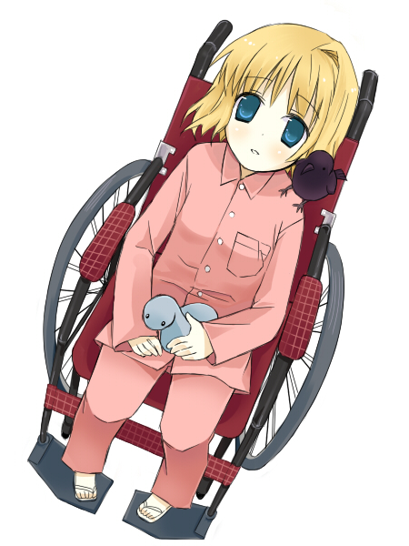 sobako, kamio misuzu, sora (air), air (visual novel), bad id, bad pixiv id, 00s, 1girl, animal, animal on shoulder, bird, bird on shoulder, blonde hair, blue eyes, crow, female focus, pajamas, short hair, solo, wheelchair