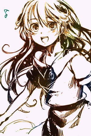 ame yamori, cleo everlastin, majutsushi orphen, lowres, 1girl, female focus, long hair, monochrome, open mouth, smile, solo