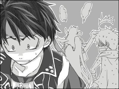 kittaka kaname, cleo everlastin, leki, majic lin, orphen, majutsushi orphen, lowres, 1girl, 2boys, greyscale, headband, long hair, monochrome, multiple boys
