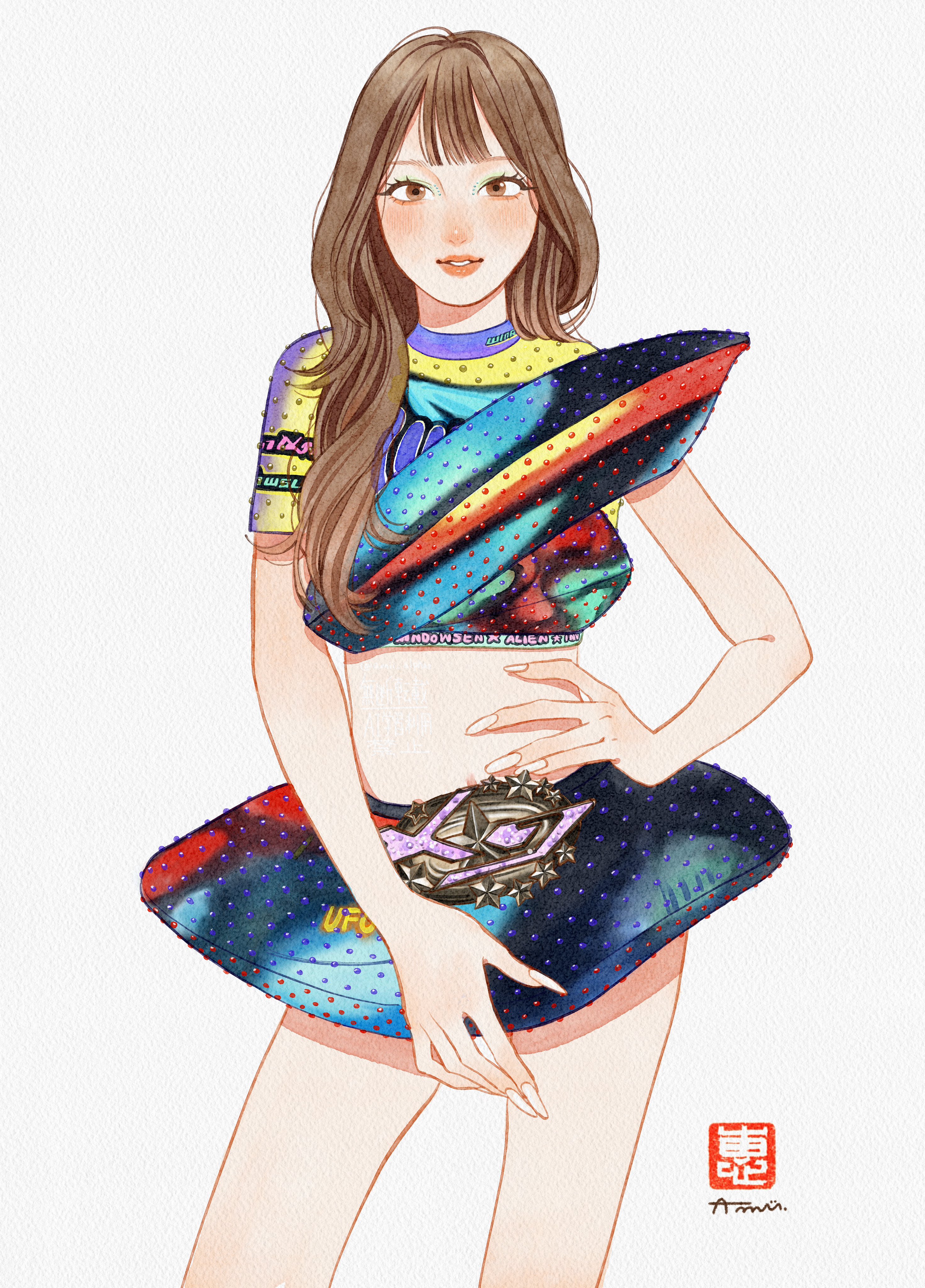 real life, absurdres, highres, 1girl, amii alphaz, artist name, blue skirt, blush, brown eyes, brown hair, grey background, hand on own hip, juria (xg), long hair, looking at viewer, midriff, multicolored shirt, navel, parted lips, skirt, solo, straight-on, xg (group)