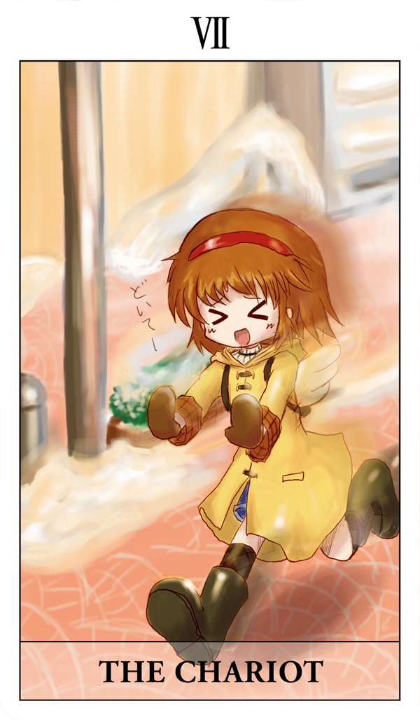 ogitmo, tsukimiya ayu, kanon, bad id, bad pixiv id, > <, boots, brown hair, card, card (medium), closed eyes, running, short hair, solo, tarot, tarot (medium), the chariot (tarot)