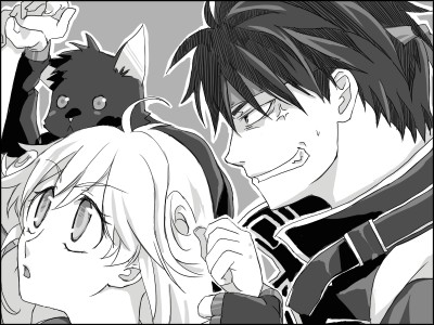 kittaka kaname, leki, orphen, majutsushi orphen, lowres, 1boy, 1girl, greyscale, headband, monochrome, short hair