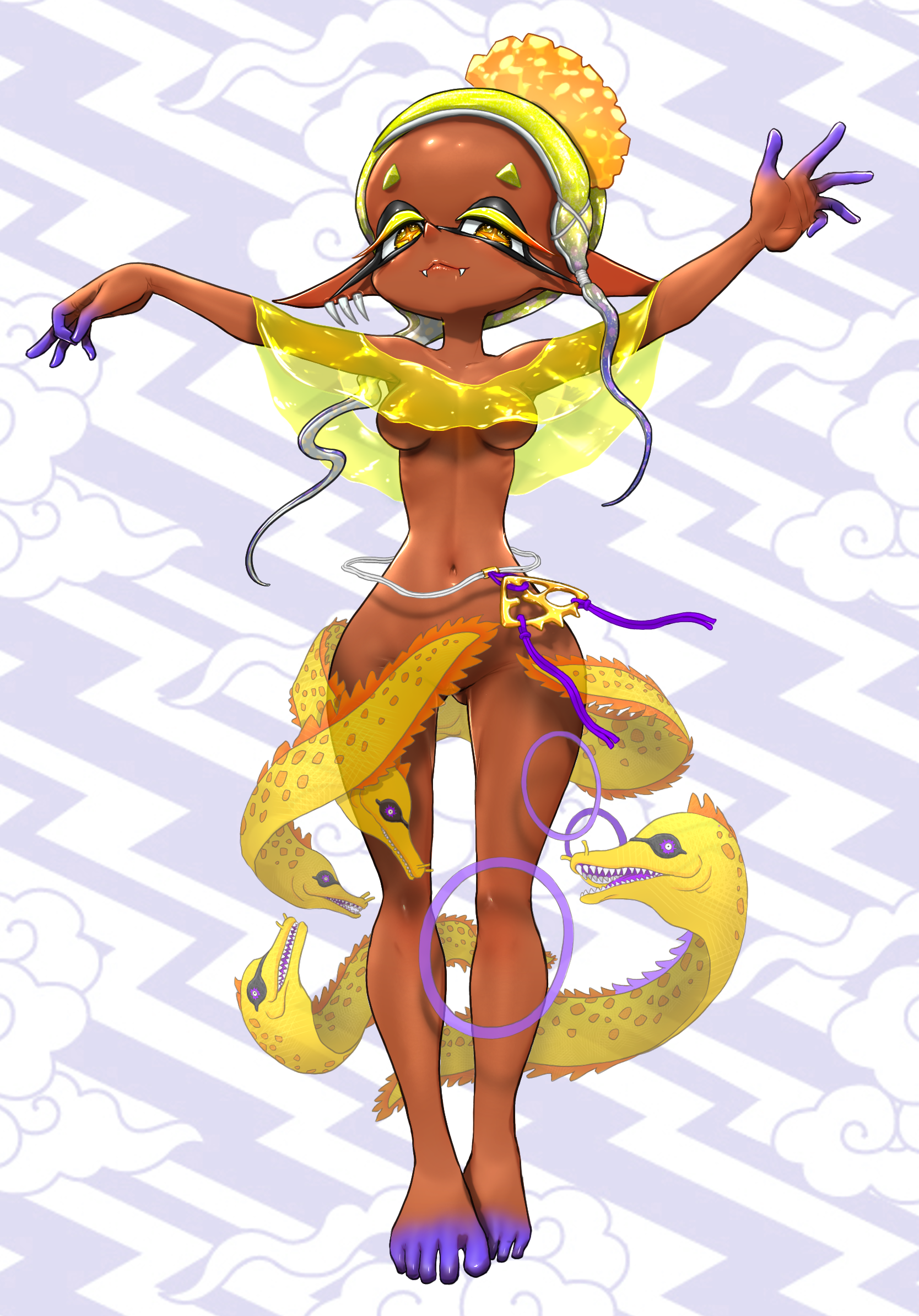 koharu2.5, frye (splatoon), nintendo, splatoon (series), highres, 1girl, belt, bikini, blonde hair, blush, breasts, charm (object), cloud, colored eyelashes, convenient censoring, cross-shaped pupils, dancing, dark-skinned female, dark skin, domino mask, ear blush, earrings, eel, fangs, floating clothes, full body, gluteal fold, gradient hair, hair ornament, inkling, jewelry, long hair, mask, medium breasts, multicolored hair, multiple earrings, navel, nose blush, nude, patterned background, pointy ears, pointy nose, polka dot, polka dot hair, pom pom (clothes), pom pom hair ornament, purple hair, pussy, see-through clothes, see-through shawl, shawl, standing, swimsuit, symbol-shaped pupils, tentacle hair, twintails, white bikini, wide hips, yellow eyes, yellow pupils, zig-zag pattern