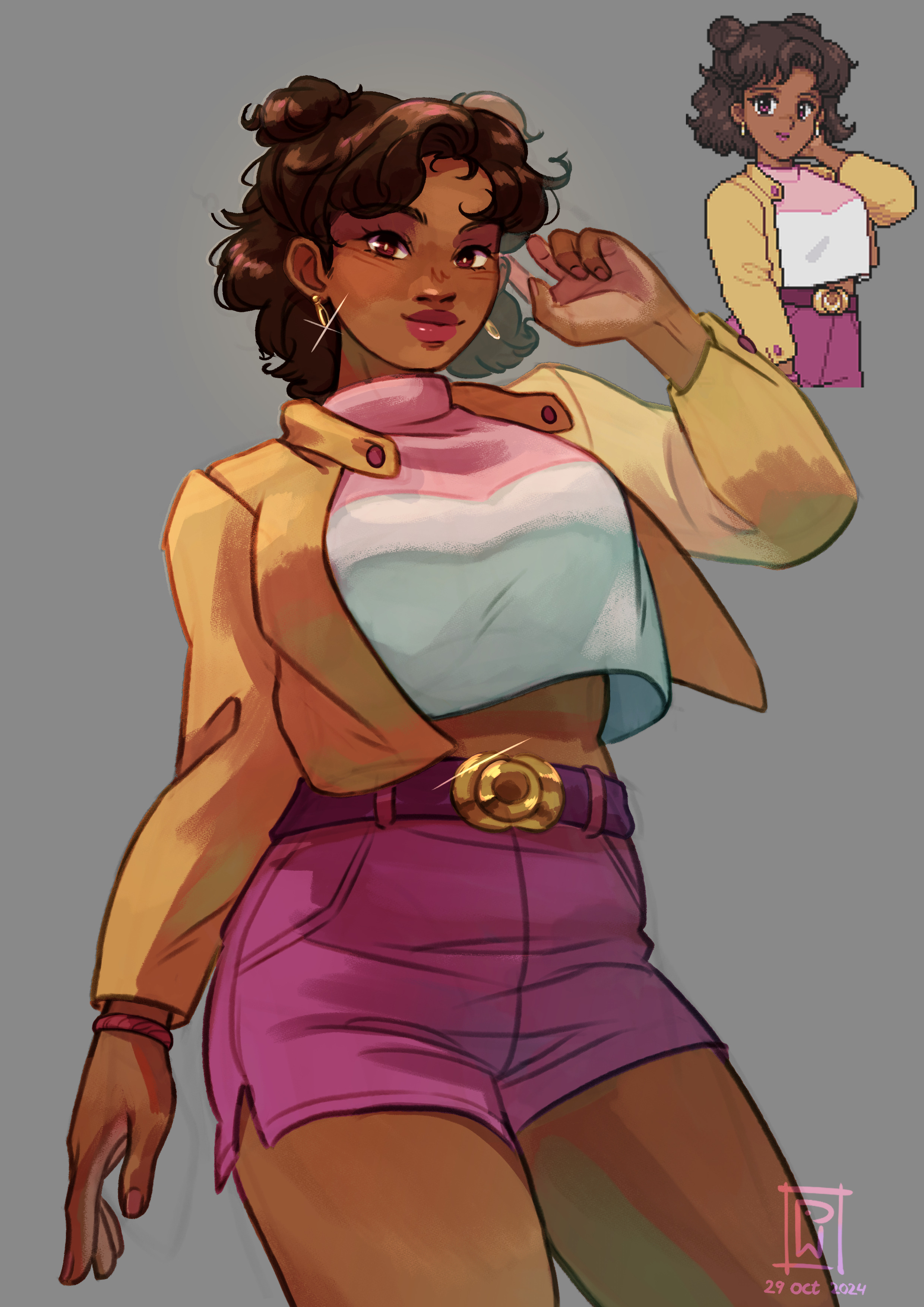 jacket mine, fields of mistria, absurdres, highres, 1girl, brown hair, crop top, curly hair, dark-skinned female, dark skin, double bun, earrings, grey background, hair bun, hand up, jacket, jewelry, lipstick, looking at viewer, makeup, pink lips, pink shorts, reina (fields of mistria), shorts, solo, yellow jacket