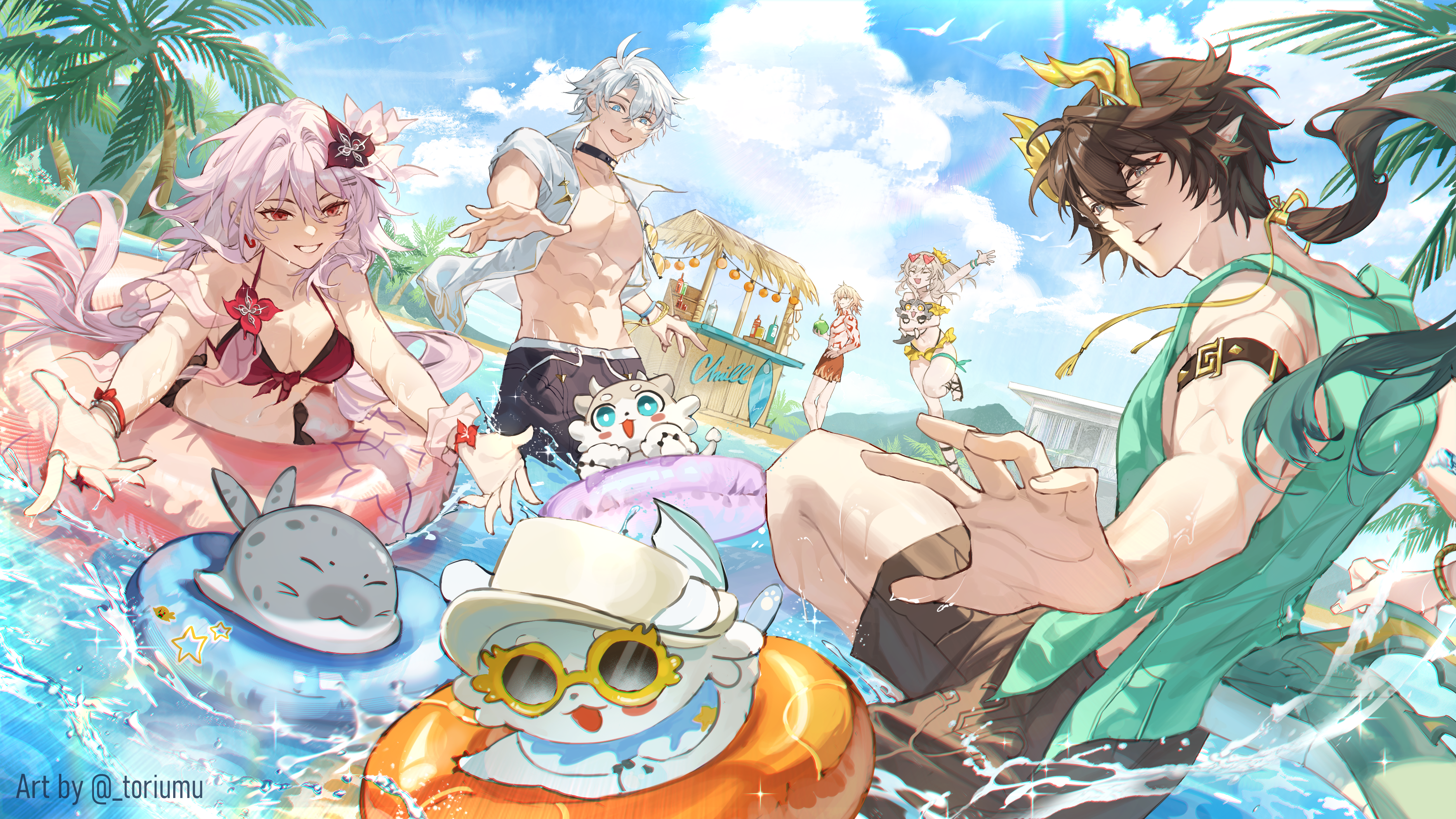 toriumu, dan heng (honkai: star rail), dan heng (permansor terrae) (honkai: star rail), evernight (honkai: star rail), march 7th (honkai: star rail), mydei (honkai: star rail), phainon (honkai: star rail), stelle (honkai: star rail), trailblazer (honkai: star rail), honkai: star rail, honkai (series), absurdres, commentary, english commentary, highres, 2girls, 3boys, abs, animal, beach, bikini, black hair, black shorts, blonde hair, blue eyes, blue sky, breasts, bubbles (honkai: star rail), dragon boy, dragon tail, eastern dragon horns, grey hair, holding, holding animal, large breasts, long hair, multiple boys, multiple girls, muscular, muscular male, open clothes, open shirt, palm tree, pink innertube, pointy ears, red bikini, red eyes, red shorts, red tattoo, seal (animal), shirt, short hair, shorts, sky, swimsuit, tail, toned, toned male, tree, very long hair, water, white hair, white shirt, yellow eyes, yellow innertube