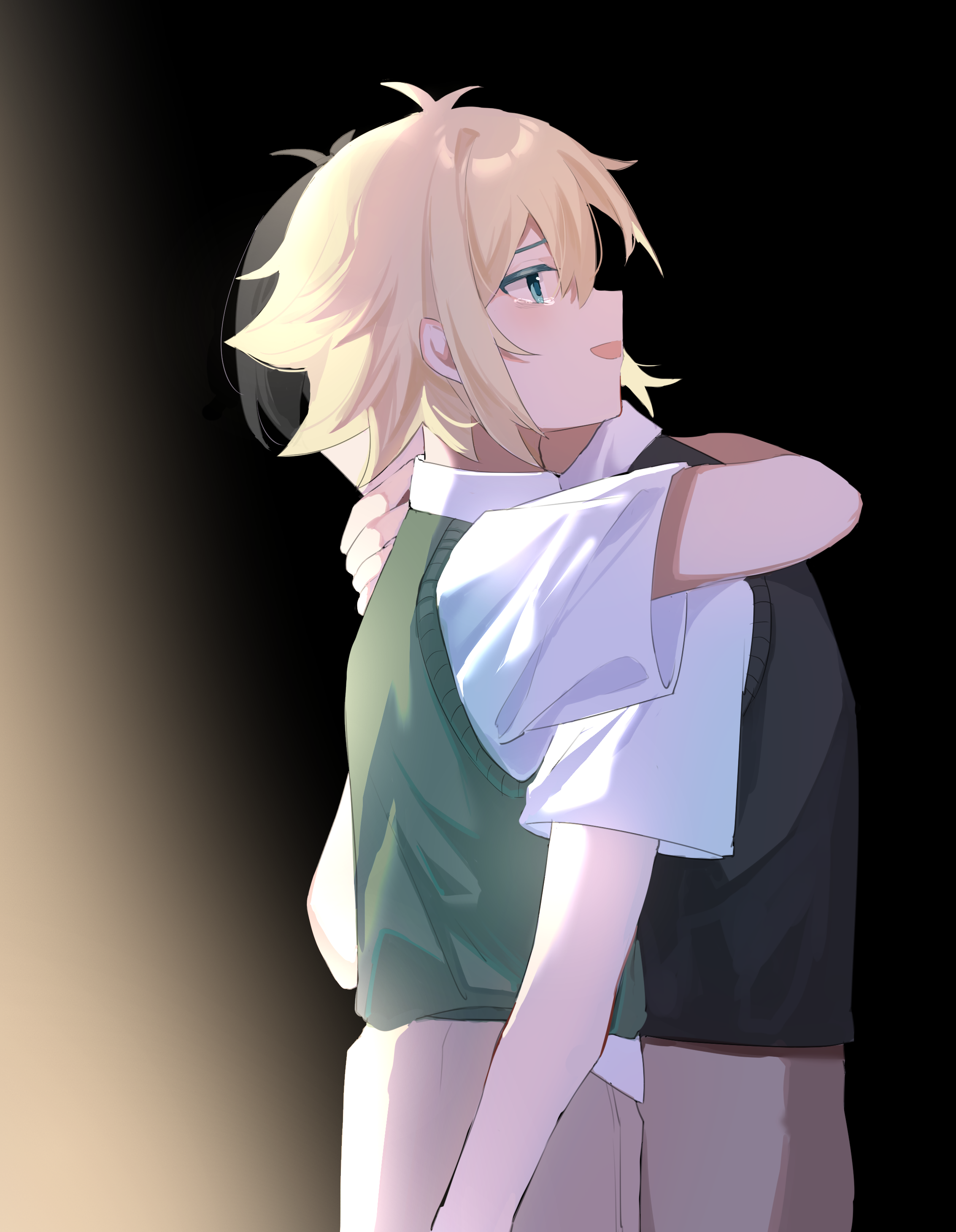 roa (yelinan), basil (faraway) (omori), basil (omori), sunny (omori), omori, absurdres, chinese commentary, commentary request, highres, 2boys, :d, antenna hair, aqua eyes, backlighting, black background, black hair, black sweater vest, blonde hair, brown pants, collared shirt, cowboy shot, flipped hair, from side, green sweater vest, hair between eyes, hug, looking ahead, male focus, multiple boys, open mouth, pants, profile, shirt, short hair, short sleeves, sidelocks, simple background, smile, solo focus, standing, sweater vest, tearing up, white shirt