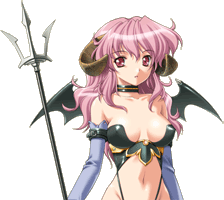 tiss, ikazuchi no senshi raidy, lowres, 1girl, bat wings, breasts, female focus, horns, navel, pink hair, polearm, red eyes, solo, transparent background, trident, weapon, wings
