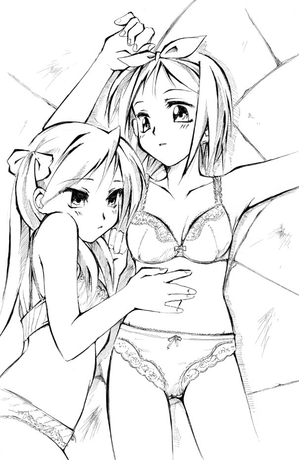 jason (kaiten kussaku kikou), hiiragi kagami, hiiragi tsukasa, lucky star, 00s, 2girls, bra, greyscale, incest, lingerie, long hair, lying, monochrome, multiple girls, panties, ribbon, short hair, siblings, sisters, twins, underwear, underwear only, yuri