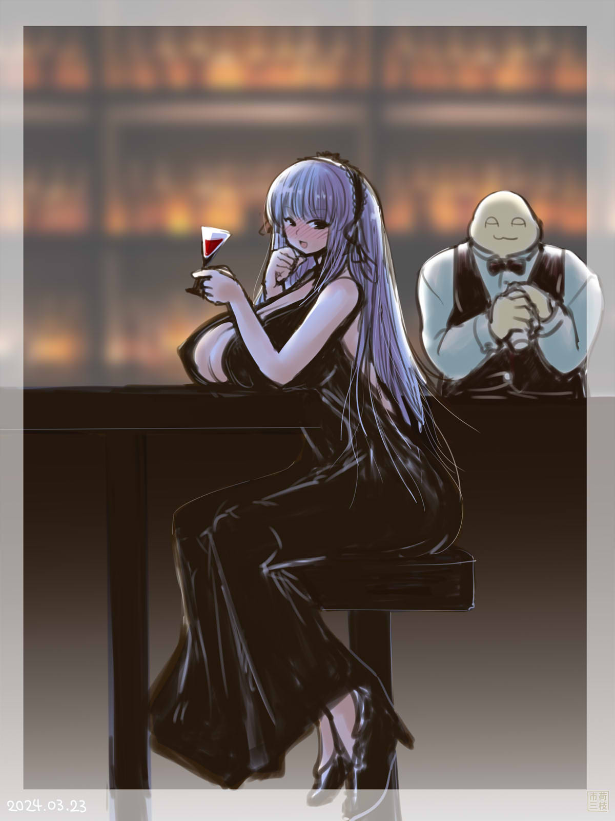 itini-sanshi, suigintou, yaruo, 2channel, rozen maiden, commentary request, highres, 1boy, 1girl, alternate breast size (larger), alternate costume, bar (place), bartender, black dress, black hairband, black ribbon, black shoes, black vest, blurry, blurry background, blush, border, breast rest, breasts, cleavage, cocktail, cocktail dress, cocktail glass, cup, dated, dress, drinking glass, full body, grey border, grey hair, hair ribbon, hairband, high heels, holding, holding cup, huge breasts, lolita hairband, long dress, long hair, looking at viewer, nose blush, open mouth, ribbon, shoes, sitting, smile, stool, table, vest