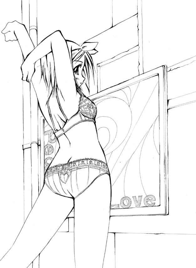 jason (kaiten kussaku kikou), hiiragi tsukasa, lucky star, 00s, 1girl, ass, bra, cowboy shot, female focus, greyscale, lingerie, monochrome, panties, ribbon, short hair, solo, standing, stretching, underwear, underwear only