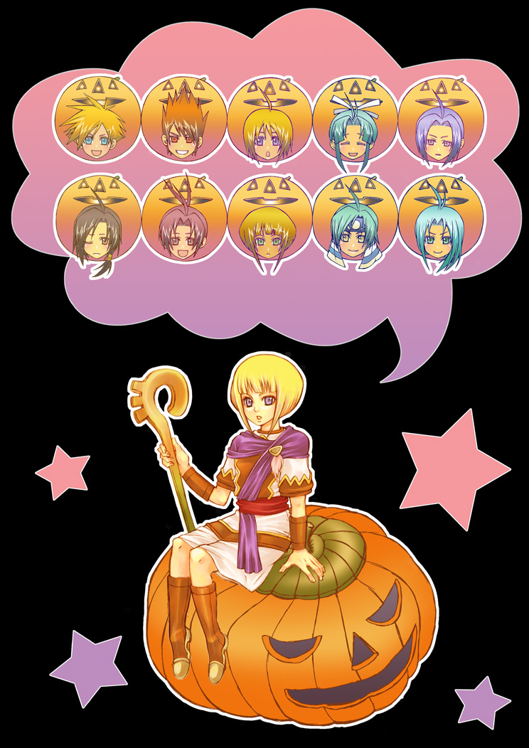 camelot, jorokun, alex (golden sun), felix (golden sun), garet (golden sun), hama (golden sun), isaac (golden sun), ivan (golden sun), jenna (golden sun), mia (golden sun), piers (golden sun), sheba (golden sun), golden sun, annotation request, 6+boys, 6+girls, ahoge, black background, blonde hair, blue eyes, blue hair, blush, boots, bow, brown eyes, brown hair, closed eyes, frown, green eyes, hair bow, halloween, headband, heterochromia, jack-o'-lantern, multiple boys, multiple girls, open mouth, ponytail, pumpkin, purple eyes, red eyes, red hair, ribbon, sash, short hair, sitting, skirt, smile, speech bubble, staff, star (symbol), star symbol background