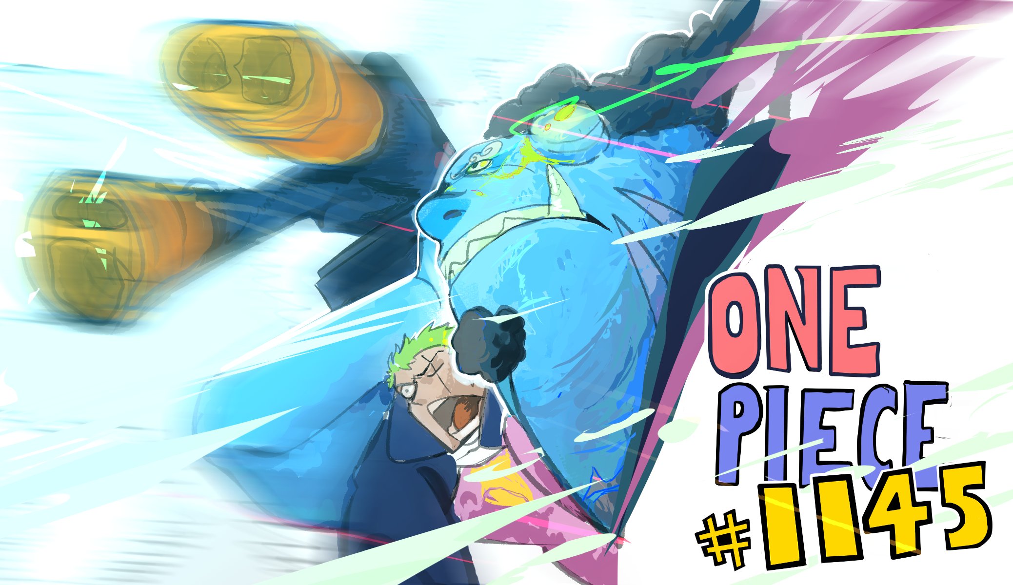 jinbe (one piece), roronoa zoro, one piece, highres, 2boys, blue skin, boots, carrying, chapter number, colored skin, curly eyebrows, fish boy, male focus, multiple boys, princess carry, scar, scar on face, scared, tusks, vlashikito