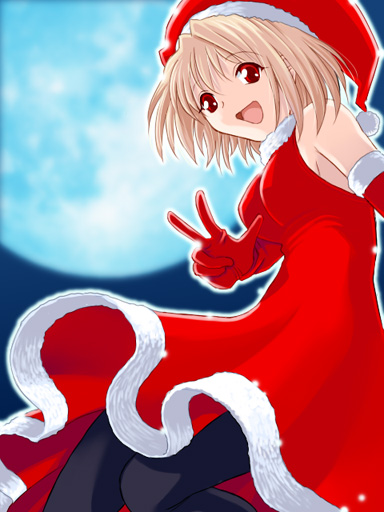 katatsuka kouji, arcueid brunestud, tsukihime, 00s, blonde hair, christmas, dress, full moon, happy, moon, night, pantyhose, santa costume, solo, v