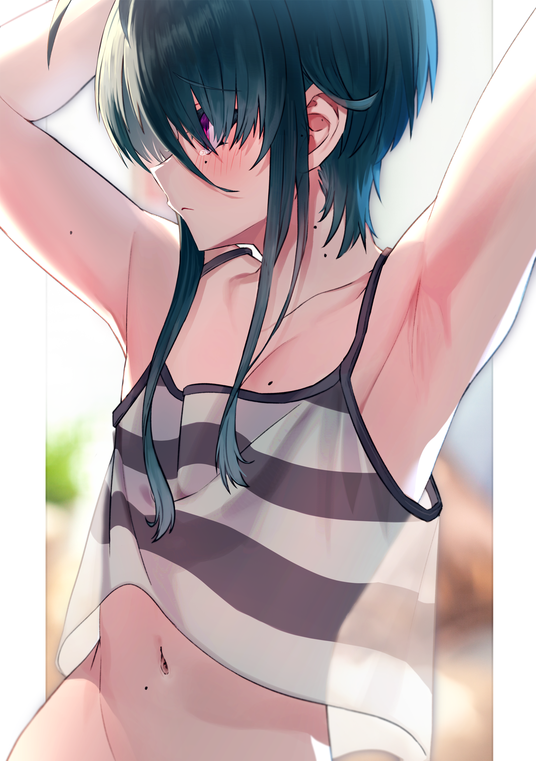 don9ri, original, absurdres, commentary request, highres, 1boy, ahoge, armpits, arms up, bare shoulders, blue hair, border, navel, parted lips, red eyes, sidelocks, solo, stomach, striped clothes, striped tank top, tank top, trap, upper body, white border