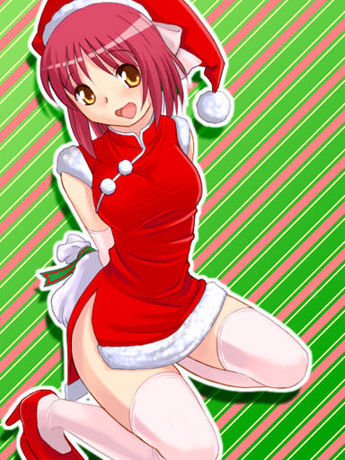 katatsuka kouji, kohaku (tsukihime), mr. chin, tsukihime, bad id, bad pixiv id, 00s, china dress, chinese clothes, christmas, dress, santa costume, solo, thighhighs