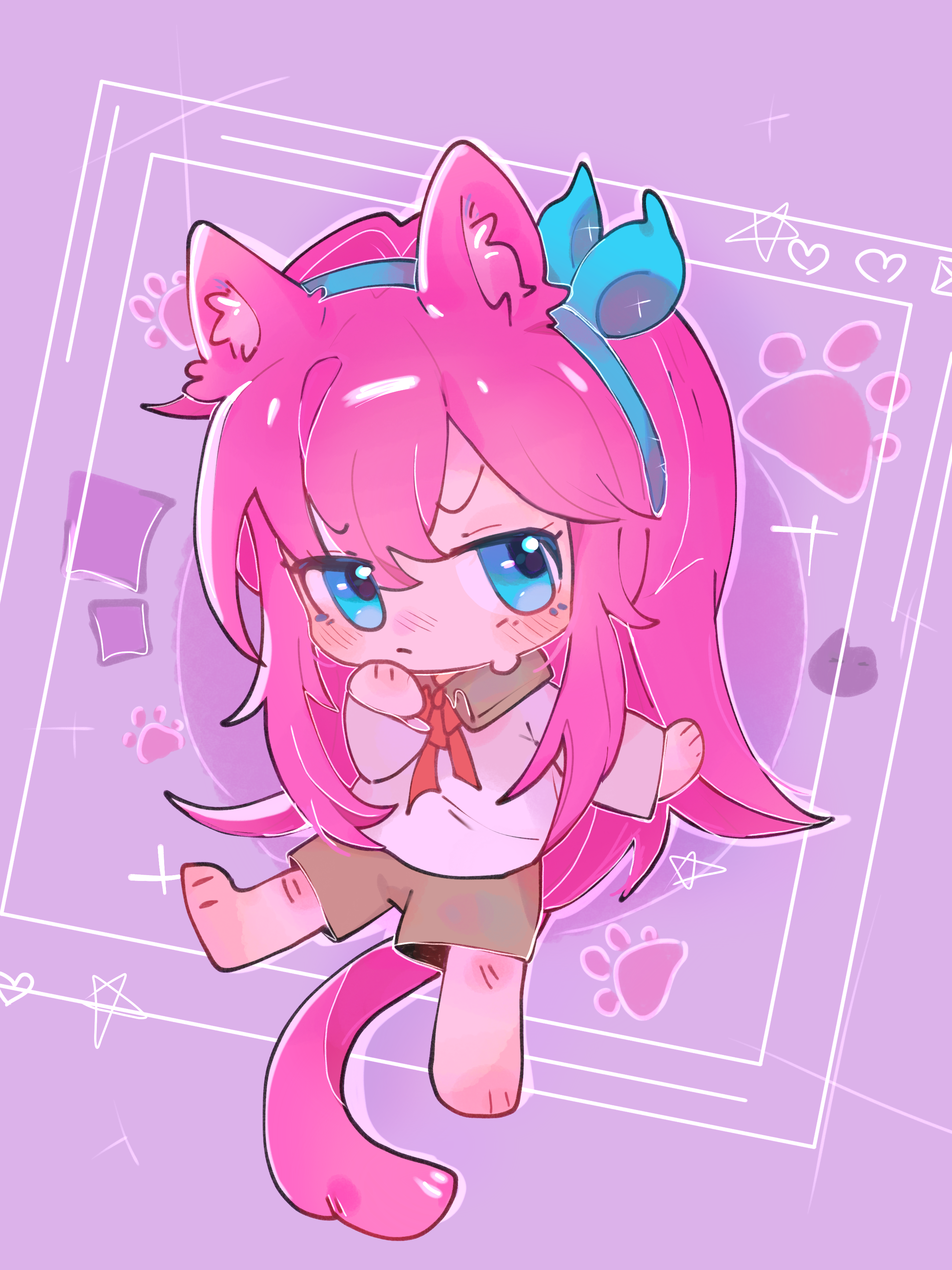 aubrey (faraway) (omori), aubrey (omori), omori, absurdres, chinese commentary, commentary request, highres, 1girl, alternate costume, animal ear fluff, animal ears, aqua hairband, bare legs, blue eyes, blush, bow, bow hairband, bowtie, brown shorts, cat ears, cat girl, cat tail, chibi, chibi only, closed mouth, collared shirt, double-parted bangs, fewer digits, frown, full body, hair between eyes, hairband, hand on own chin, heart, kemonomimi mode, long hair, long sleeves, looking at viewer, nose blush, pink hair, pink tail, purple background, qieqiaokeli, red bow, red bowtie, shirt, shorts, simple background, sitting, sparkle, star (symbol), straight hair, sweatdrop, tail, v-shaped eyebrows, very long hair, white shirt