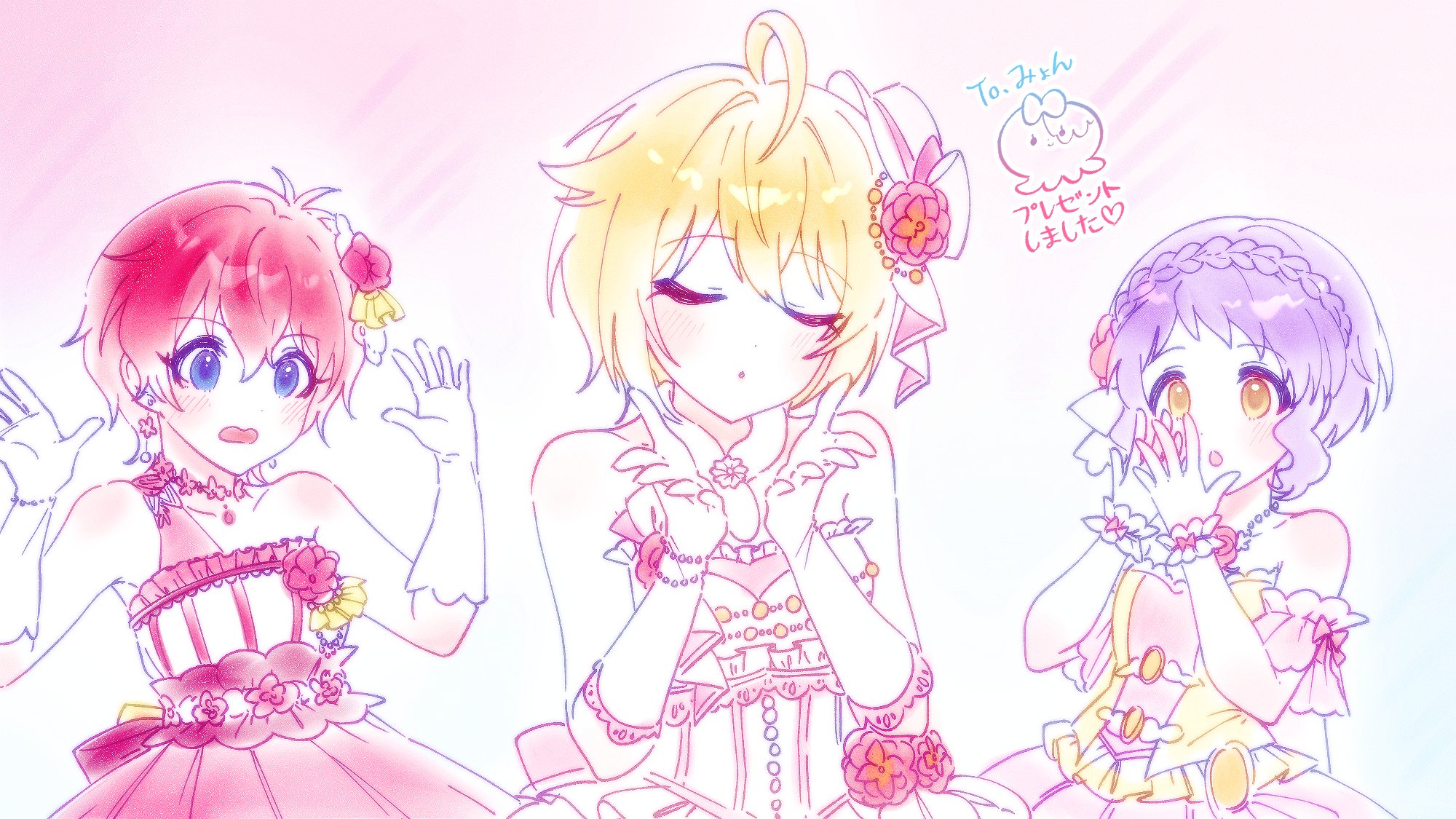 ibuki tsubasa, julia (idolmaster), makabe mizuki, idolmaster, idolmaster million live!, highres, 3girls, :o, blonde hair, blue eyes, blush, braid, closed eyes, dress, facing viewer, flower, gloves, hair flower, hair ornament, hands up, hat, kiraku (s2 ou0uo s2), looking at another, multiple girls, parted lips, purple hair, red hair, white gloves, yellow eyes
