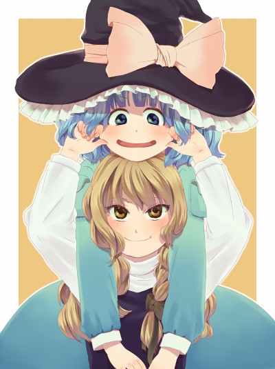 mow (momom), kawashiro nitori, kirisame marisa, touhou, 2girls, blonde hair, blue eyes, blue hair, blush, bow, braid, cheek pinching, female focus, hair ribbon, hat, hat ribbon, long hair, multiple girls, pinching, ribbon, smile, two side up, v-shaped eyebrows, witch, witch hat, yellow eyes