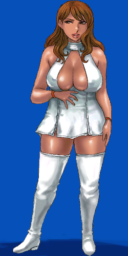 matoyama, lowres, 1girl, blue background, boots, breasts, brown hair, cleavage, dark-skinned female, dark skin, female focus, large breasts, lips, long hair, oekaki, skirt, solo, thigh boots, thighhighs