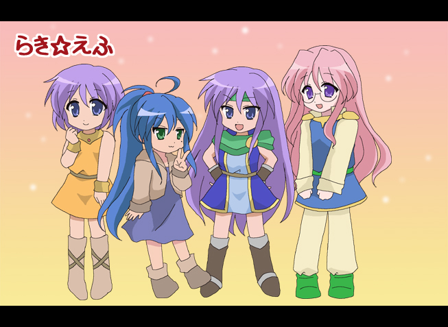 afuro, bartz klauser, faris scherwiz, hiiragi kagami, hiiragi tsukasa, izumi konata, krile mayer baldesion (ff5), lenna charlotte tycoon, takara miyuki, final fantasy, final fantasy v, lucky star, 4girls, ahoge, bartz klauser (cosplay), cosplay, faris scherwiz (cosplay), krile mayer baldesion (ff5) (cosplay), lenna charlotte tycoon (cosplay), mole, mole under eye, multiple girls, orange shirt, shirt
