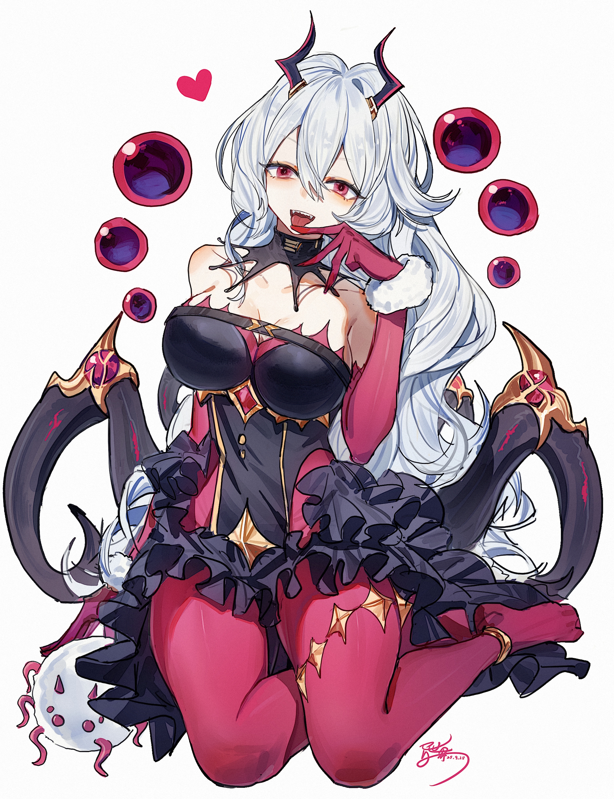 yisjhui, absurdres, character request, chinese commentary, commentary request, copyright request, highres, 1girl, antennae, arthropod girl, black dress, breasts, cleavage, collarbone, dated, detached collar, disembodied eye, dress, elbow gloves, eyeball, full body, gloves, gold anklet, hair between eyes, insect girl, large breasts, licking own finger, long hair, pantyhose, red eyes, red gloves, red pantyhose, scrunchie, sharp teeth, signature, simple background, sitting, solo, spider girl, strapless, teeth, tongue, tongue out, upper teeth only, very long hair, white background, white hair, wrist scrunchie, yokozuwari