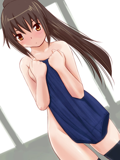 katatsuka kouji, kyonko, suzumiya haruhi no yuuutsu, 00s, 1girl, clothes in front, covering privates, female focus, genderswap, genderswap (mtf), nude, nude cover, one-piece swimsuit, ponytail, school swimsuit, solo, swimsuit, thighhighs, unworn swimsuit