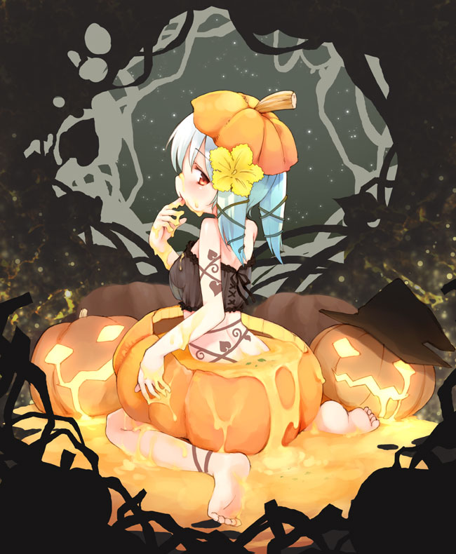 kito (sorahate), original, bad id, bad pixiv id, 1girl, back, barefoot, blue hair, blush, breasts, feet, female focus, halloween, jack-o'-lantern, kneeling, licking, pumpkin, pumpkin hat, pumpkin juice, see-through clothes, solo, twintails