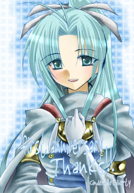 c-liberty, camelot, mia (golden sun), golden sun, blue eyes, blue hair, bow, gloves, hair bow, ribbon, smile, solo