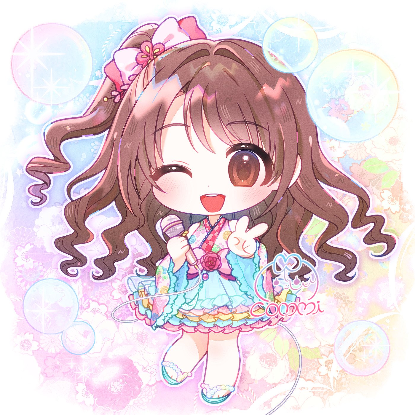 shimamura uzuki, idolmaster, idolmaster cinderella girls, highres, 1girl, blush, brown eyes, brown hair, chibi, chibi only, dress, full body, holding, holding microphone, kiraku (s2 ou0uo s2), long hair, looking at viewer, microphone, one eye closed, one side up, open mouth, sandals, smile, solo, teeth, upper teeth only, v, wide sleeves