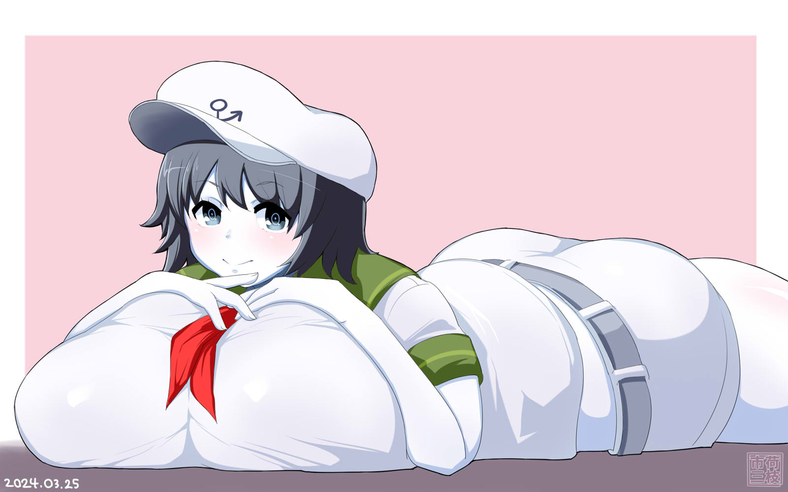 itini-sanshi, milk (cookie), murasa minamitsu, cookie (touhou), touhou, commentary request, highres, 1girl, anchor symbol, black eyes, black hair, blush, breasts, closed mouth, colored skin, cowboy shot, dated, hat, huge breasts, looking at viewer, lying, neckerchief, newsboy cap, on stomach, pink background, red neckerchief, shirt, short hair, shorts, smile, solo, two-tone background, white background, white hat, white shirt, white shorts, white skin