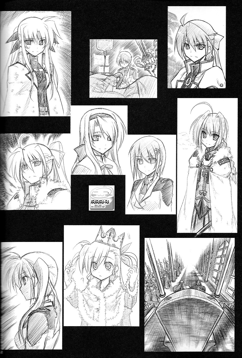 himura kiseki, carim gracia, fate testarossa, signum, subaru nakajima, takamachi nanoha, vita (nanoha), vivio, yagami hayate, lyrical nanoha, mahou shoujo lyrical nanoha, mahou shoujo lyrical nanoha strikers, highres, 00s, 6+girls, aged up, greyscale, magical girl, military, military uniform, monochrome, multiple girls, side ponytail