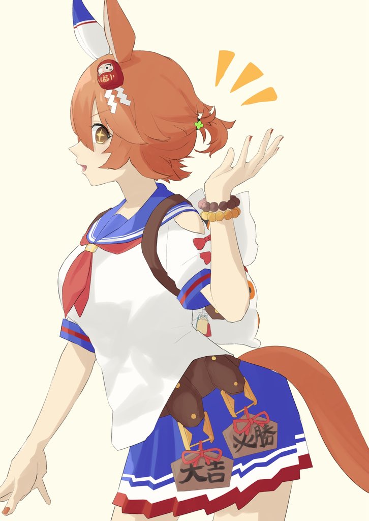 sanada ina, matikanefukukitaru (rising fortune) (umamusume), matikanefukukitaru (umamusume), umamusume, + +, 1girl, animal ears, backpack, bag, blue sailor collar, blue skirt, clover hair ornament, daruma doll, daruma doll hair ornament, doll hair ornament, ear covers, ema, four-leaf clover hair ornament, from side, good fortune symbol, hair between eyes, hair ornament, horse ears, horse girl, horse tail, maneki-neko, neckerchief, open mouth, orange hair, pleated skirt, red neckerchief, sailor collar, shirt, short hair, short sleeves, simple background, single ear cover, skirt, smile, solo, tail, white shirt
