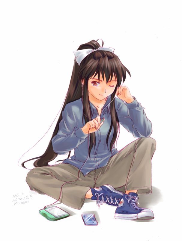 misaki juri, matsuoka chie, converse, sentimental graffiti, 1990s (style), 1girl, earbuds, earphones, female focus, hair ribbon, headphones, long hair, no socks, ponytail, retro artstyle, ribbon, shoes, sneakers, solo