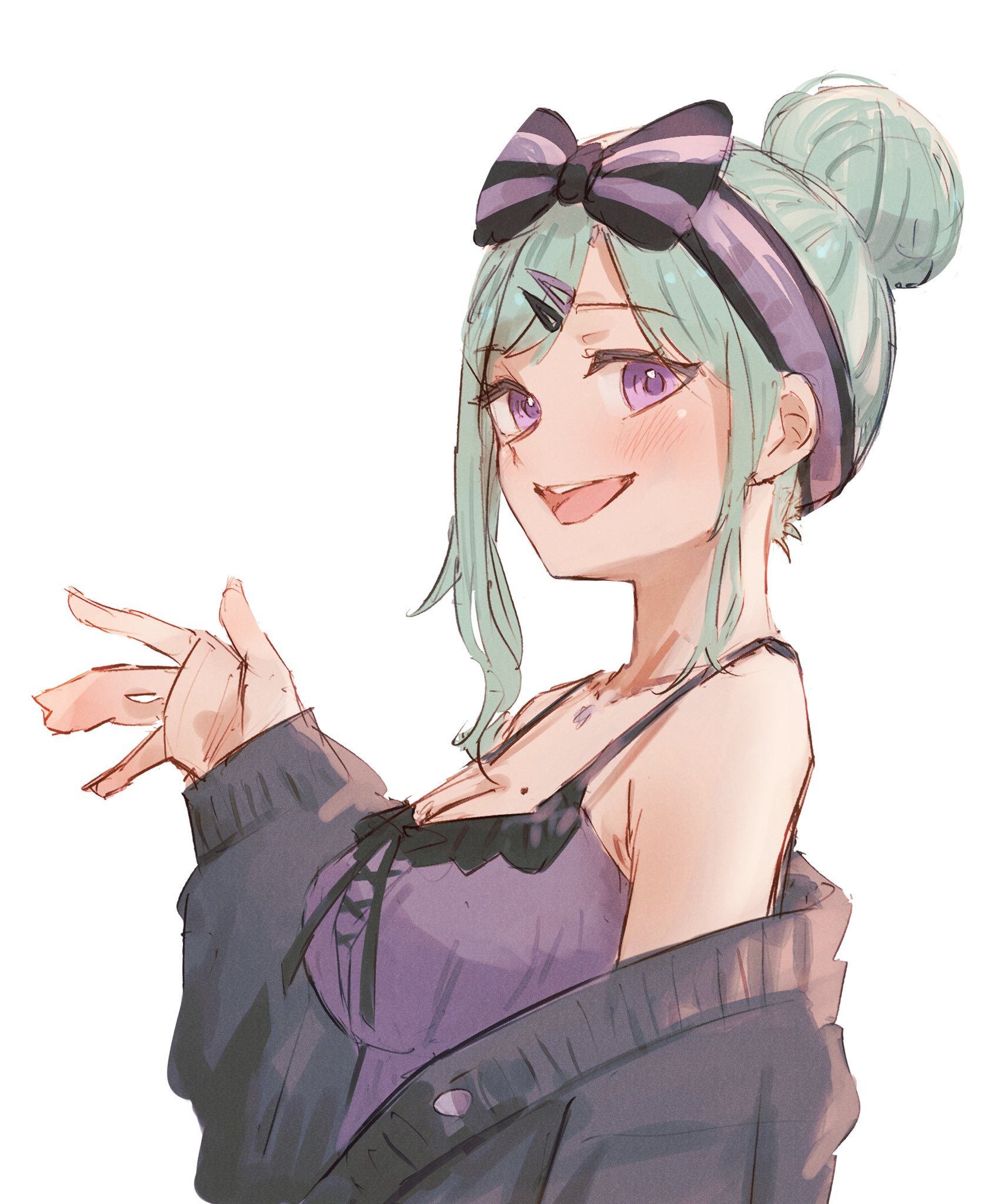 tsubu (kappunioyu562), yakumo beni, yakumo beni (5th costume), vspo!, highres, 1girl, asymmetrical sidelocks, bare shoulders, black cardigan, bow hairband, breasts, camisole, cardigan, cleavage, green hair, hair bun, hair ornament, hairband, hairpin, looking at viewer, mole, mole on breast, off shoulder, open mouth, parted bangs, purple camisole, purple eyes, sidelocks, sideways glance, simple background, sketch, solo, upper body, virtual youtuber, white background