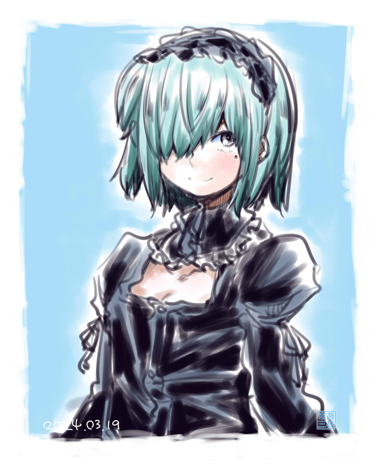 itini-sanshi, 2channel, commentary request, highres, 1boy, 2channel (/livejupiter/), aile-kun, black dress, black eyes, black hairband, blue background, border, closed mouth, crossdressing, crossdressing (mtf), dated, dress, hair over one eye, hairband, looking at viewer, male focus, mole, mole under eye, short hair, smile, solo, upper body, white border
