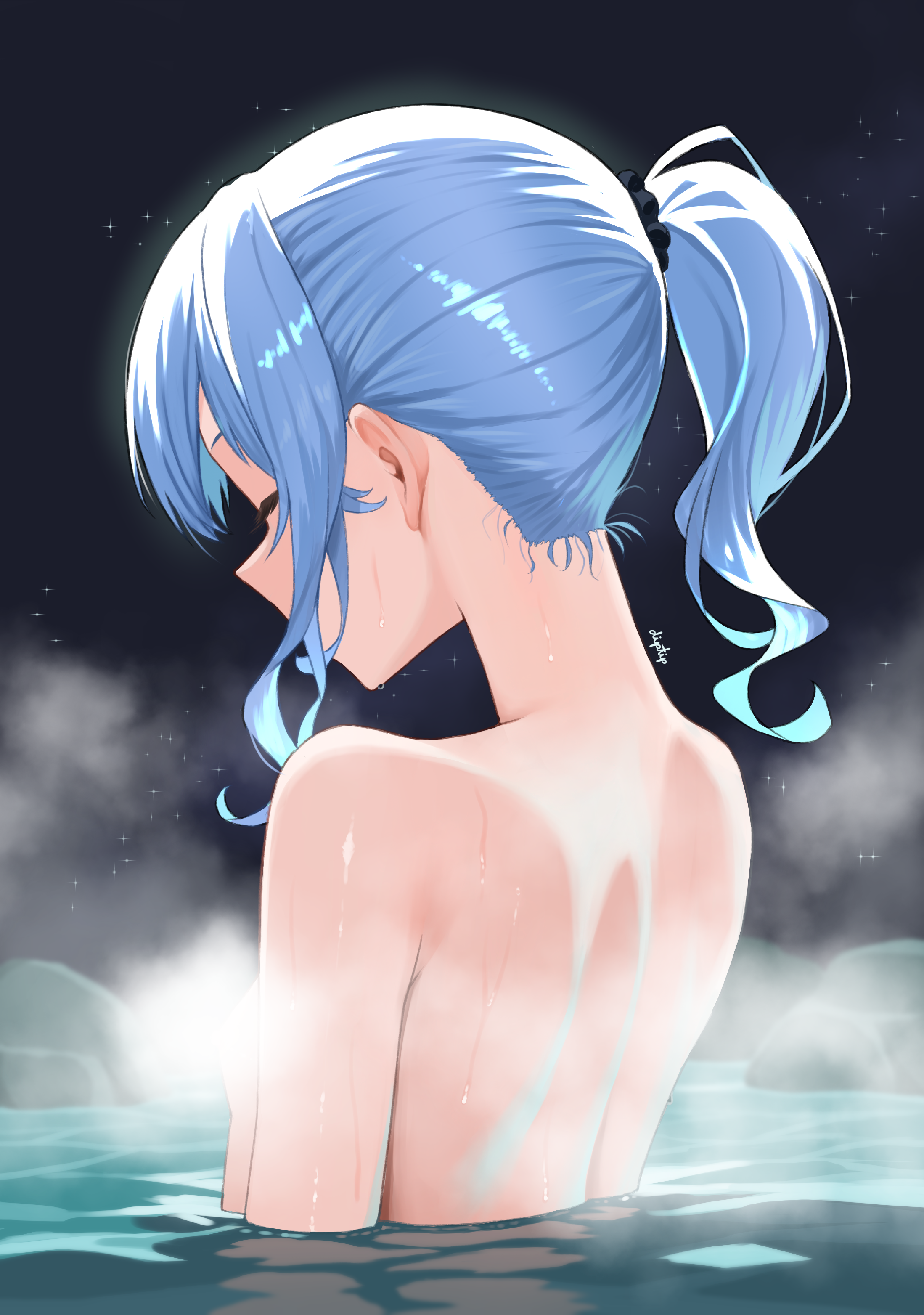 diptip, hoshimachi suisei, hololive, absurdres, commentary, english commentary, highres, revision, 1girl, blue hair, breasts, completely nude, nude, onsen, partially submerged, ponytail, short hair, sidelocks, small breasts, solo, steam, virtual youtuber, water, wet
