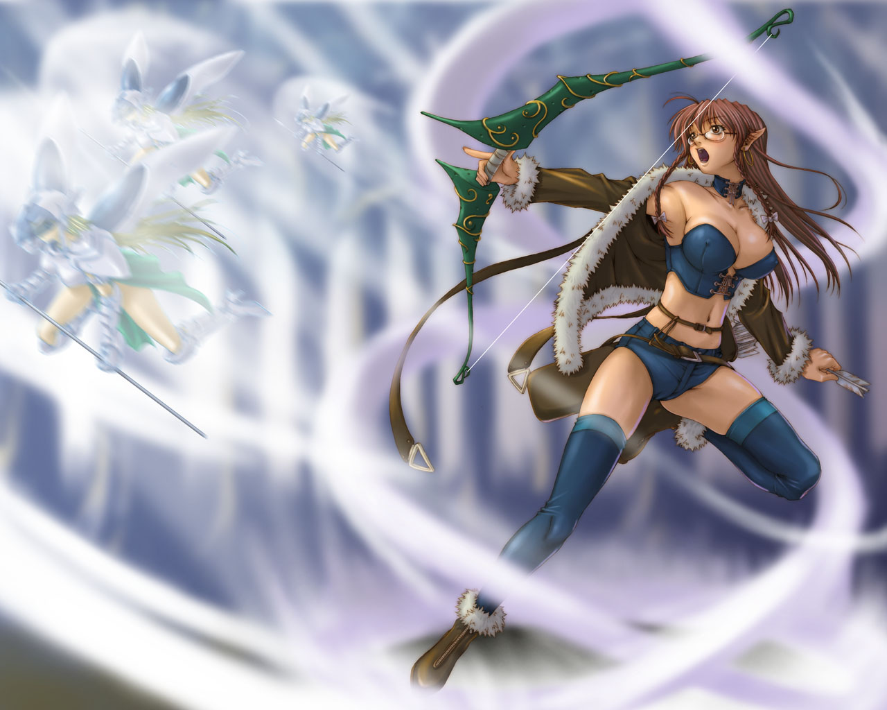 fumizuki misoka, archer (fate), fate (series), arrow (projectile), bow, bow (weapon), breasts, brown eyes, brown hair, bustier, cleavage, covered erect nipples, earrings, elf, glasses, jewelry, large breasts, lingerie, pointy ears, solo, thighhighs, underwear, weapon
