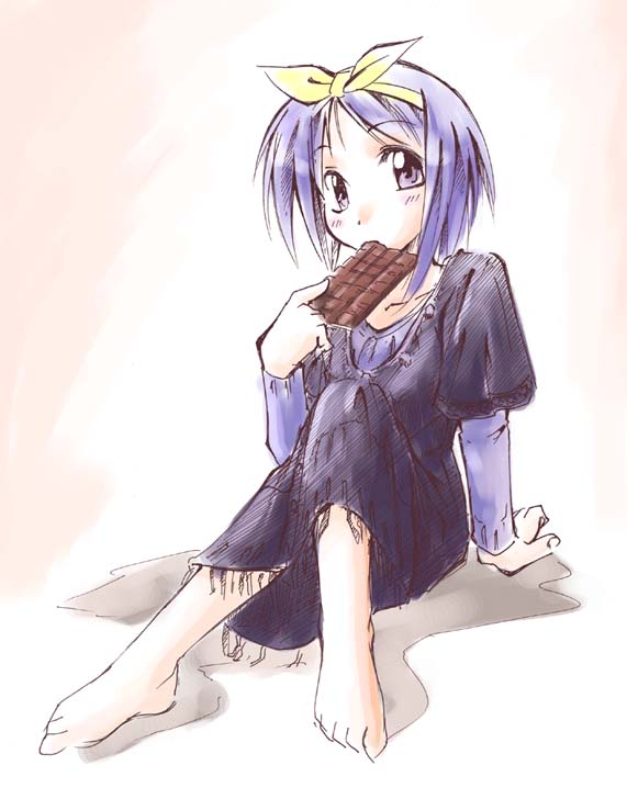 jason (kaiten kussaku kikou), hiiragi tsukasa, lucky star, 00s, 1girl, barefoot, blue eyes, candy, chocolate, chocolate bar, eating, feet, female focus, food, purple hair, ribbon, short hair, sitting, solo
