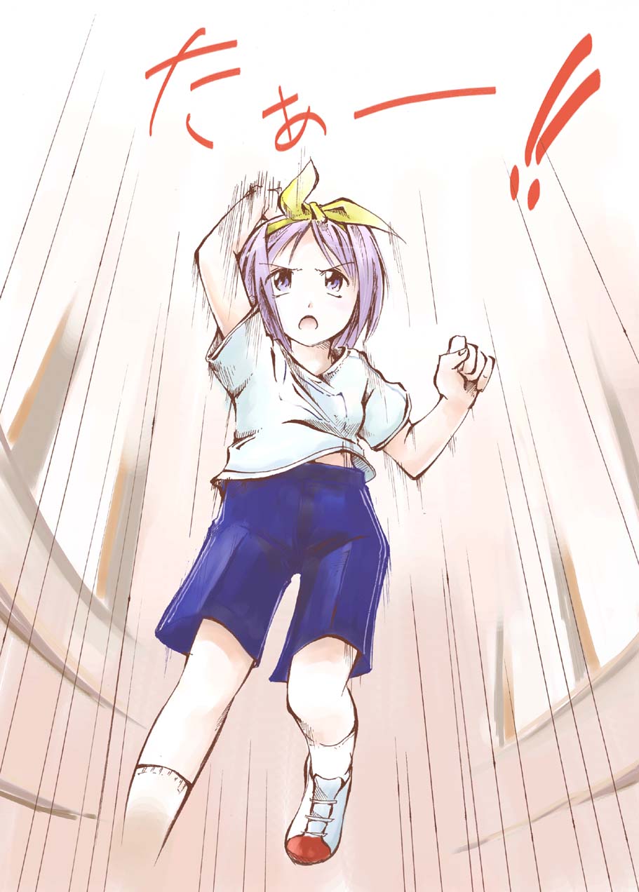jason (kaiten kussaku kikou), hiiragi tsukasa, lucky star, highres, 00s, purple hair, ribbon, short hair, solo