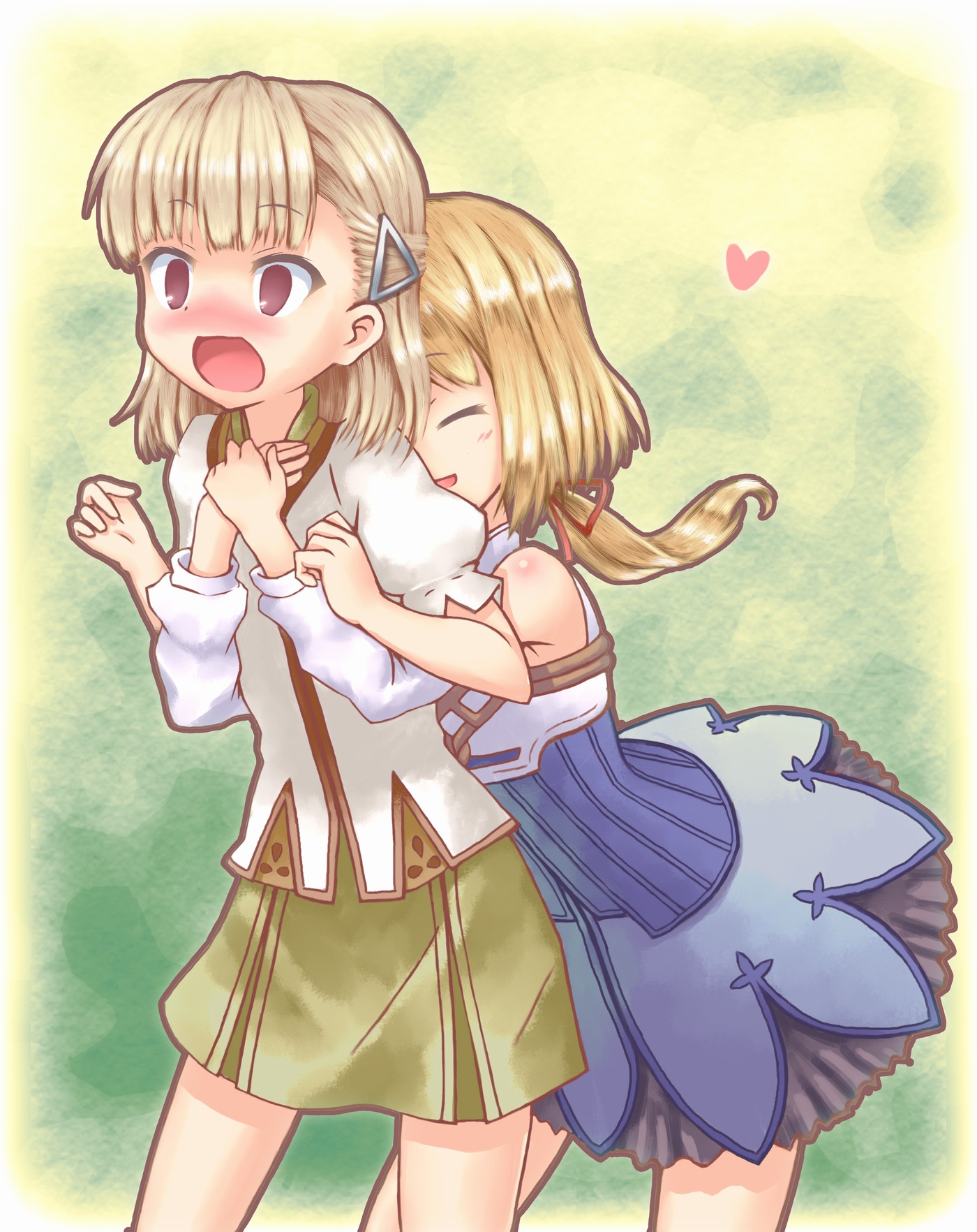 akeyama, mist (fire emblem), rosetta, rune factory, rune factory 1, highres, 2girls, blonde hair, blue dress, blush, brown eyes, closed eyes, cowboy shot, dress, green background, green skirt, hair ornament, hairclip, heart, low ponytail, multiple girls, pale skin, ponytail, short hair, skirt, yuri