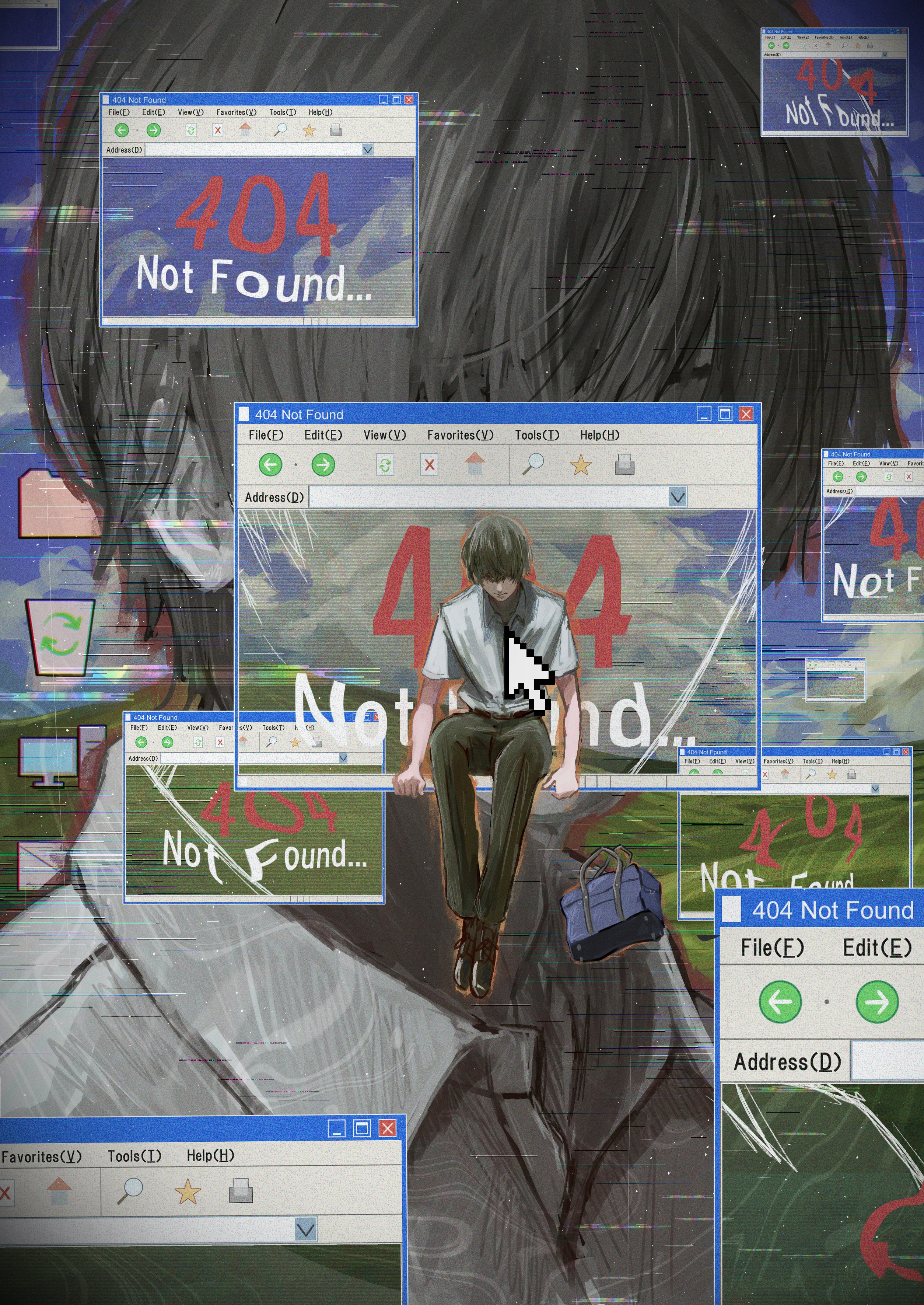 dokudokuo, microsoft windows, original, windows xp, absurdres, highres, 1boy, bag, black hair, cursor, desktop (computing), distortion, english text, error message, faceless, fake sky, full body, glitch, head down, icon (computing), multiple views, revealing layer, shirt, short hair, sitting, slouching, white shirt, window (computing)