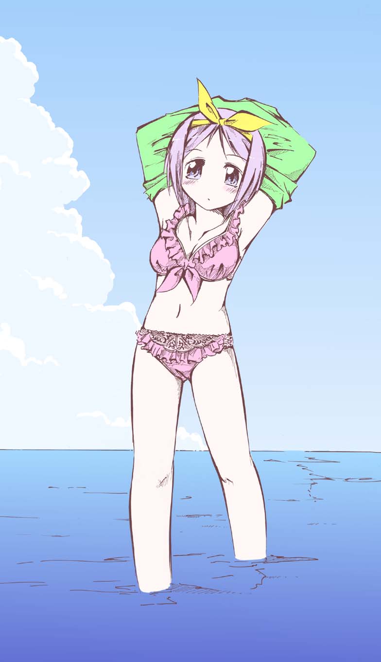 jason (kaiten kussaku kikou), hiiragi tsukasa, lucky star, highres, 00s, 1girl, armpits, blue eyes, bra, female focus, lingerie, panties, purple hair, ribbon, short hair, solo, swimsuit, underwear, underwear only, undressing, wading, water