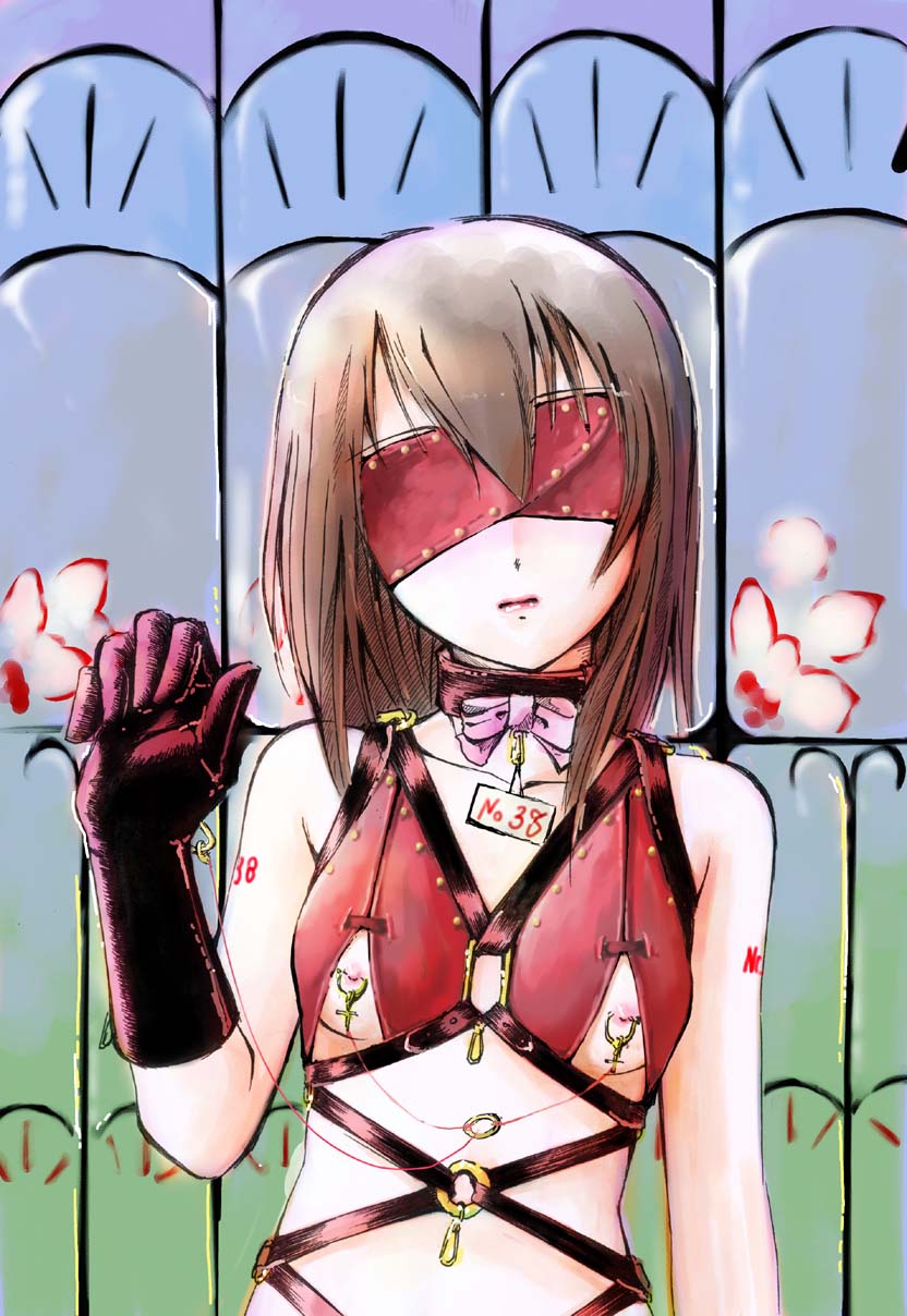jason (kaiten kussaku kikou), no.38, original, highres, 1girl, bdsm, blindfold, bondage, bound, breasts, brown hair, collar, colored blindfold, female focus, gloves, harness, leash, leather, linked piercing, linked piercings, nipple chain, nipple piercing, nipple rings, nippleless clothes, nipples, piercing, slave, solo, underboob